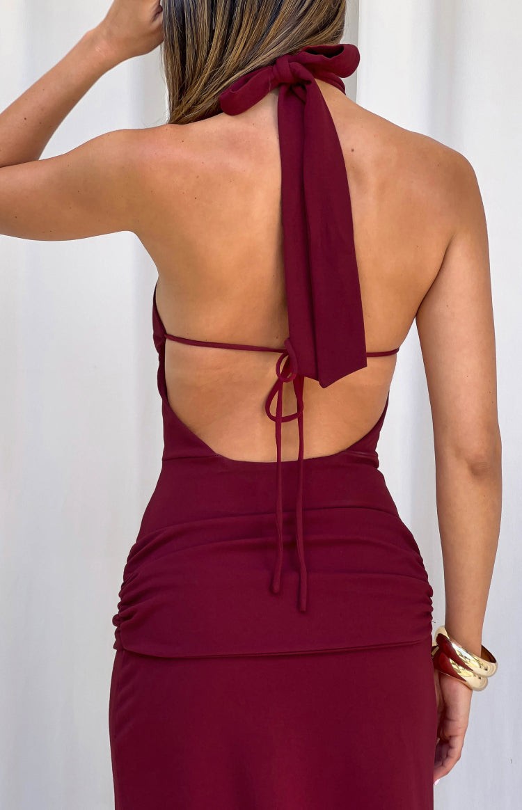 Paulina Burgundy Jersey Halter Neck Formal Dress view 4