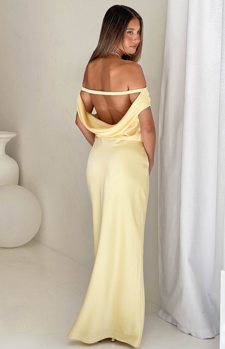 Corina Yellow Satin Formal Maxi Dress