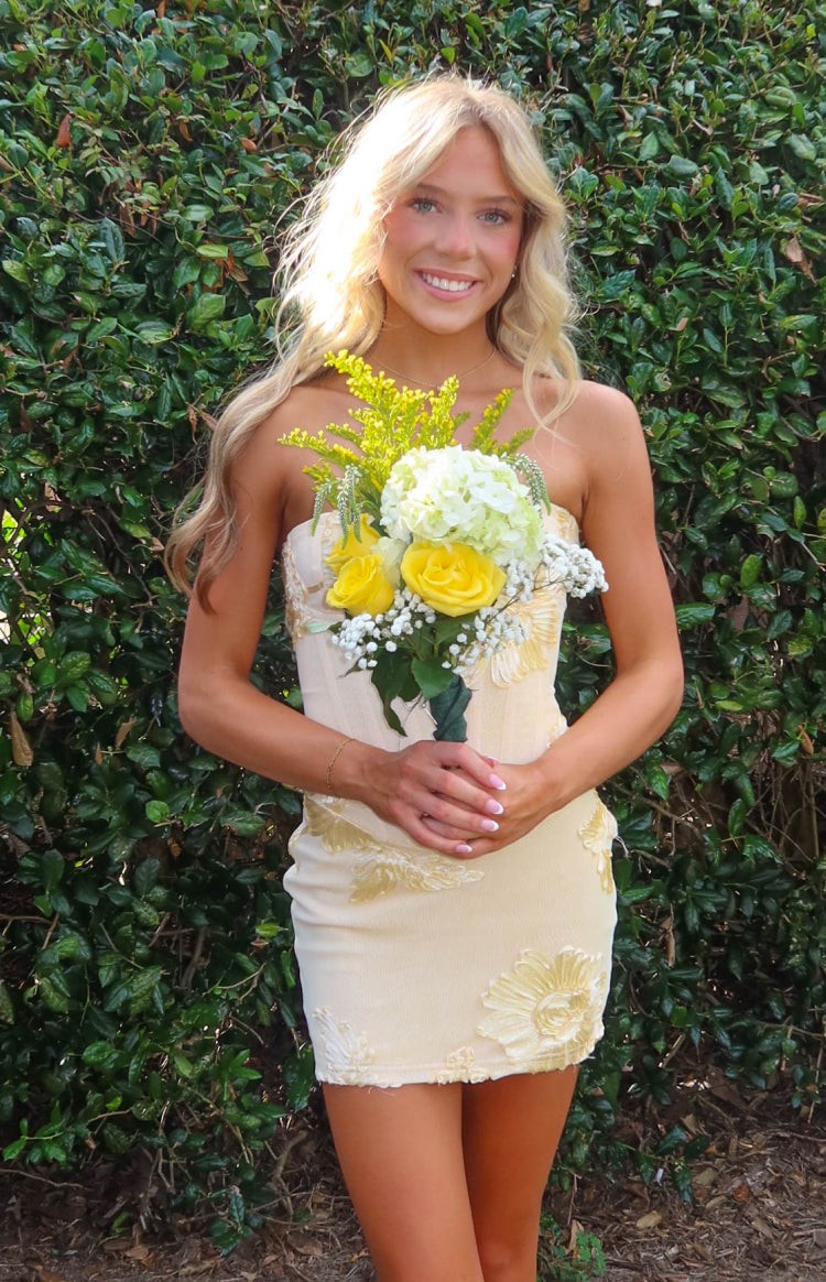 Sabrina Yellow Flower Applique Corset Party Mini Dress
